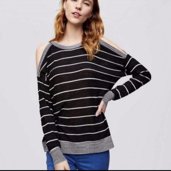 LOFT Relaxed Fit Dolman Sleeve Peep Shoulder Stripe Knit Sweater size Large - Picture 1 of 8